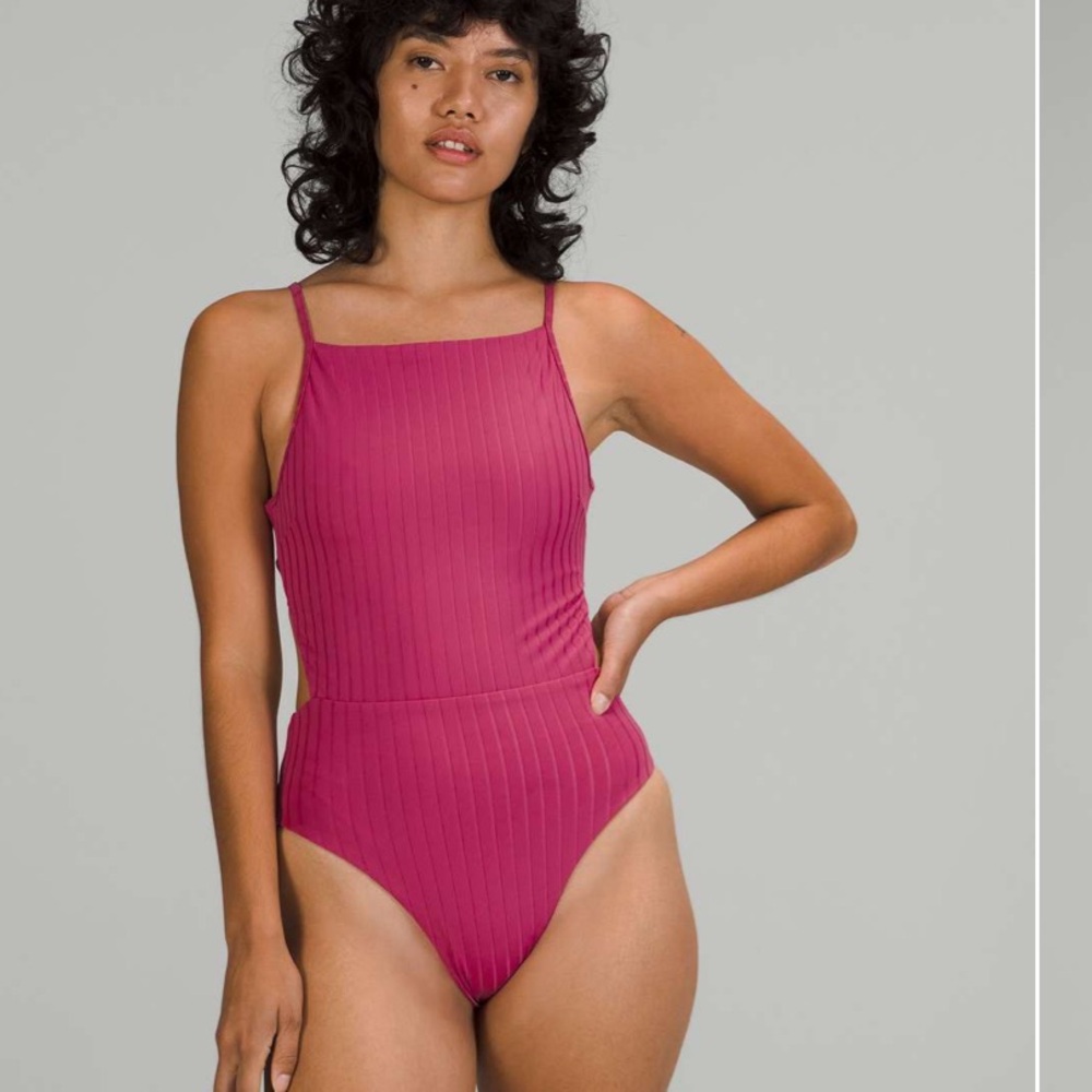 Lululemon Ribbed High-Neck Cross-Back Pink One-Piece Swimsuit 10